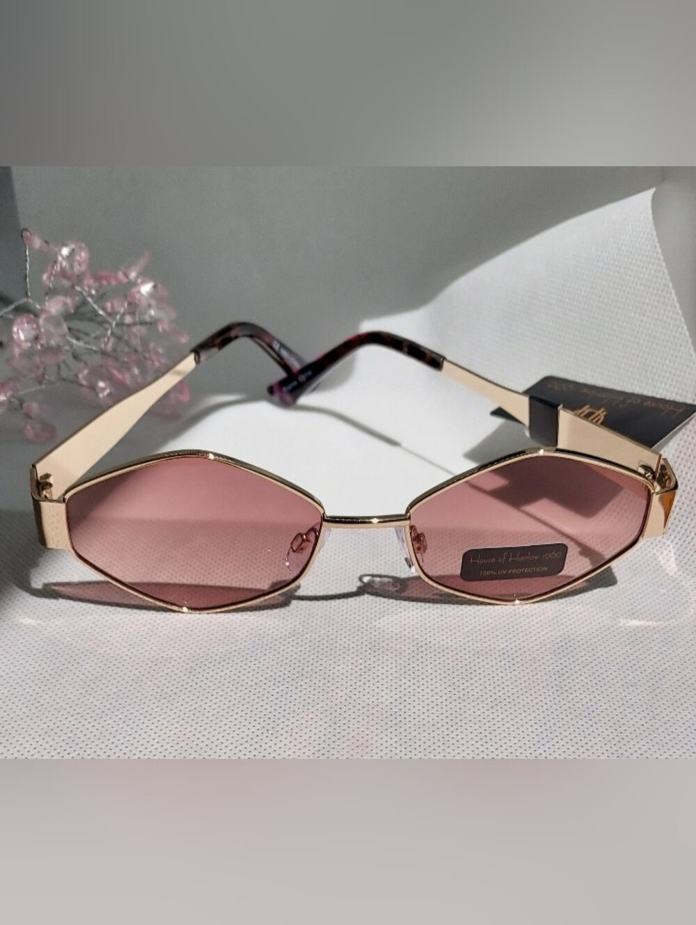 House Of Harlow 1960 Gold Hexigon Frame Pink Lens Women's Fashion Sunglasses NWT